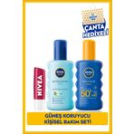 NIVEA Sun Spf50 Güneş Koruyucu Sprey 200ml, Güneş Sonrası Nemlendirici 200ml, Dudak Kremi, Çanta Hediyeli