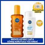 Nivea Sun SPF50+ Hafif Dokulu Güneş Koruyucu Yüz Kremi 40ML ve Bronzlaştırıcı Güneş Yağı, Çanta Hediye
