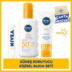 NIVEA SUN SPF50 Hassas Güneş Koruyucu Vücut Spreyi 200ml, Yüz Güneş Koruyucu 50ml, Renksiz Dudak Bakım Kremi, Plaj Çantası Hediye, Kişisel Bakım Seti, Güneş Bakım