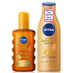 NIVEA SUN Yoğun Bronzlaştırıcı Güneş Spreyi 200ml ve Q10 Sıkılaştırıcı Vücut Losyonu 200ml,