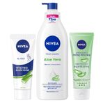 NIVEA Yatıştırıcı El Kremi 75 ml + Vücut Losyonu Aloe Vera 400 ml + Arındırıcı Organik Pirinç Peeling 75 ml