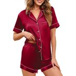 NLAND Kadın Pijama Seti Saten İpek Pijama Seti Düğmeli Uyku Kıyafeti Kısa Kollu Yaz İki Parçalı Gecelik Ev Kıyafeti, Weinrot, M
