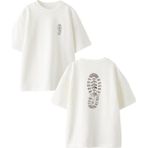 Nmg Tekstil Beyaz Oversize Pamuk Bot Ayakkabı Altı Ön Arka Baskılı Örme T-Shirt - XS