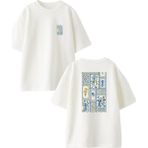 Nmg Tekstil Beyaz Oversize Pamuk Çini Deseni Ön Arka Baskılı Örme T-Shirt - XS