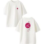 Nmg Tekstil Beyaz Oversize Pamuk Kırmızı Dolunay Ağaç Çiçek Ön Arka Baskılı Örme T-Shirt - XL