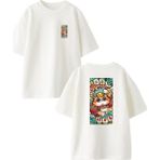 Nmg Tekstil Beyaz Oversize Pamuk Paralı Kedicik Ön Arka Baskılı Örme T-Shirt