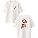 Nmg Tekstil Beyaz Oversize Pamuk Pörtlek Göz Kırmızı Ön Arka Baskılı Örme T-Shirt