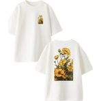 Nmg Tekstil Beyaz Oversize Pamuk Sarı Laleler Ön Arka Baskılı Örme T-Shirt