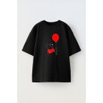 Nmg Tekstil Siyah Oversize Pamuk Ayı Yogi Kırmızı Balon Baskılı Örme T-Shirt - XS