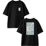 Nmg Tekstil Siyah Oversize Pamuk Çini Deseni Ön Arka Baskılı Örme T-Shirt - XS