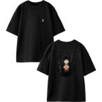 Nmg Tekstil Siyah Oversize Pamuk Kırmızı Elma Çizgi Ön Arka Baskılı Örme T-Shirt - XS