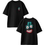 Nmg Tekstil Siyah Oversize Pamuk Pörtlek Göz Diş Ön Arka Baskılı Örme T-Shirt