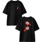 Nmg Tekstil Siyah Oversize Pamuk Pörtlek Göz Kırmızı Ön Arka Baskılı Örme T-Shirt - XS