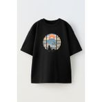 Nmg Tekstil Unisex Siyah Oversize Pamuk Dağ Seyreden Kedi Baskılı Örme T-Shirt - XL