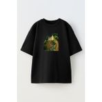 Nmg Tekstil Unisex Siyah Oversize Pamuk Dağ Yolu Değişi Baskılı Örme T-Shirt - XS