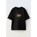 Nmg Tekstil Unisex Siyah Oversize Pamuk Kampçı Jip Baskılı Örme T-Shirt - XL