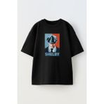 Nmg Tekstil Unisex Siyah Oversize Pamuk Kasket Shelby Baskılı Örme T-Shirt