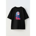 Nmg Tekstil Unisex Siyah Oversize Pamuk Kırmızı Gözlük Beyaz Saç Anime Baskılı Örme T-Shirt - XL