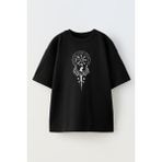 Nmg Tekstil Unisex Siyah Oversize Pamuk Kuş Ağaç Pusula Baskılı Örme T-Shirt - XL
