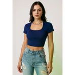 No 35 NO35lux2025204630 Kadın Lacivert Yarım Kol Düz Yaka Crop Top Bluz – Şık, Rahat Ve Kolay Kombinlenebilir
