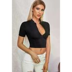 No 35 NO35lux2025525049 Defnada Kadın Siyah Yarım Fermuarlı Ve Kısa Kollu Crop Top Bluz