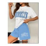 NO 601 Kadın Beyaz Oversize T-shirt Brooklyn Baskılı Bebe Mavi Penye Şort Alt-Üst Takım