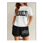 NO 601 Kadın Beyaz Oversize T-shirt Brooklyn Baskılı Siyah Penye Şort Alt-Üst Takım