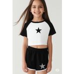 NO 601 Kız Çocuk Beyaz-Siyah Reglan Kol Tshirt Yıldız Baskılı Şort Alt- Üst Takım