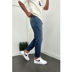 NO61 MAN Boyfriend Koyu Mavi Taşlamalı Yırtık Modelli Kot Pantolon