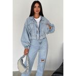 Noa Noa Kadın Açık Mavi Kısa Denim Ceket – Elastik Manşetli Crop Model