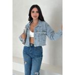 Noa Noa Kadın Siyah Kısa Denim Ceket %100 Cotton Fray Detaylı Sokak Şıklığı Konforlu Kalıp - Mavi