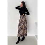 Noa Noa Kadın Yırtmaç Detaylı Ekose Uzun Etek – Slit Plaid - Kahverengi