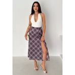 Noa Noa Kadın Yırtmaç Detaylı Ekose Uzun Etek – Slit Plaid - Mor