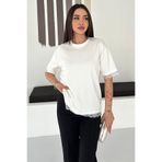 Noa&Noa Kadın Dantel Detaylı Basic T-Shirt – Beyaz Oversize Şık Tişört