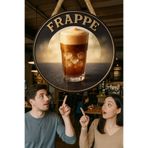 Nod Frappe Temalı Yuvarlak Cafe Tabelası – Jüt İpli Ahşap Duvar & Kapı Dekoru | Barista Tarzı Retro Süs Çok renkli1 30 x 50