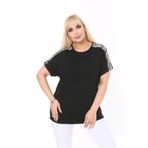 Nodaza Kadın Siyah Omuzları Çizgili Büyük Beden Bluz Siyah 50 ndzNM305
