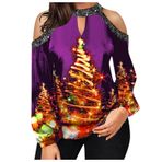 Noel Sweatshirt Kadın Komik Rudolph Ren Geyiği Baskılı Kazak Seksi Omuz Açık Noel Kazağı Sonbahar Kış Uzun Kollu Kazak Bluz Bol Kutlama Tişört Üst Giyim, B-lila, M