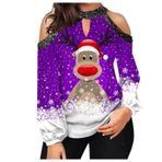 Noel Sweatshirt Kadın Komik Rudolph Ren Geyiği Baskılı Kazak Seksi Omuz Açık Noel Kazağı Sonbahar Kış Uzun Kollu Kazak Bluz Bol Kutlama Tişört Üst Giyim, C-Lila, M
