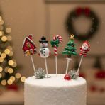 Noel Temalı Kek Süsleme Çubukları, 5'li Set, Kardan Adam, Ağaç, Şeker Çubuğu, Ev ve Noel Baba Figürleri, Parti Dekorasyon