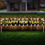 Noel Yeni Yıl Süslemeleri için LED Işıklarla Büyük Mutlu Yıllar Bahçe İşareti 38 x 40 cm Siyah ve Altın Mutlu Yıllar Bahçe Afişi Noel Yeni Yıl Arifesi Parti Malzemeleri için Şeffaf Klipsli