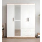 Noiss Home Decor Zitaa 4 Kapaklı Elbise Dolabı Aynalı Çekmeceli Gardırop Kıyafet Dolabı - Atlantik Çam - Beyaz