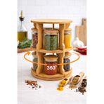 NOKKA 10’lu Döner Baharatlık (7x7 cm) Seti, Bambu Standlı Cam Kavanoz Baharatlık Organizer 360° Döner