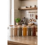 Nokka 6\\\'lı Bambu Vakum Kapaklı Borosilikat Cam Baharatlık Takımı - 500 ml - Şeffaf