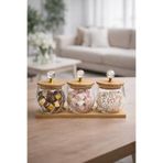 NOKKA Kristal Kulplu Cam Kavanoz (10x10 cm) Seti 3’lü, Bambu Kapaklı & Altlıklı Dekoratif Saklama Kabı