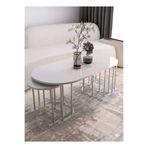 Nokta Sehpa Home 2+1 yavrulu oval orta sehpa metal gümüş tabla beyaz mdf