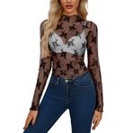 NONSAR Kadın seksi üst kısım şeffaf bluz file üst kısım file Crop Top uzun kollu şeffaf üst parça festival file şeffaf basic tişört, Siyah, XXL