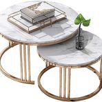 Nordic yuvarlak iç içe geçme masası seti 2'li set - mermer üst ve metal taban, oturma odası ve salon için şık sehpalar, altın kaplama, D70+D55 ve D60+D45