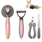 Nordkawa Pet Deshedding Fırça Seti, Köpekler ve Kediler için Astar Tırmığı - Dökülme ve Dökülme Tarağı için Çift Taraflı Fırça Bakım Alet Seti - Tırnak Makası ve Tırnak Törpüsü Seti (4 Paket) Pembe