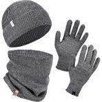 Norfolk Winter Set %70 Merino Yünü Termal Bere Boyunluk ve Eldiven 3'lü Kış Seti - Gri - S - M