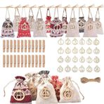 Norhogo 24 adet Noel dekorasyonu torbaları/keseleri, doldurmak için Advent takvimi, 24 keçe torba, küçük klips ve rakamlar, ahşap etiket, Noel takvimi sayı çıkartmaları, Noel takvimi, hediye torbası